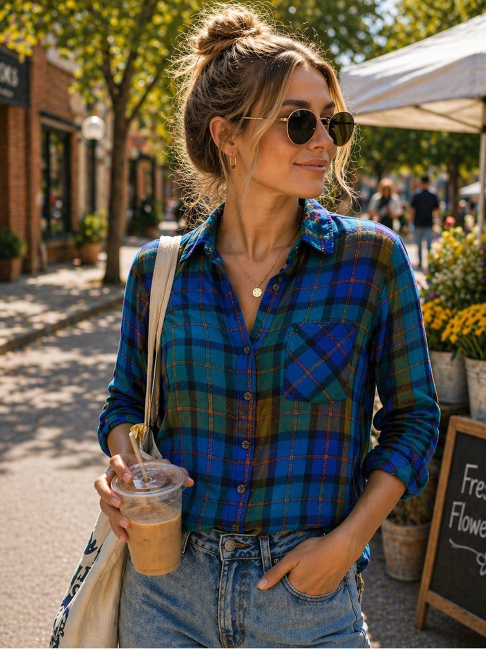 ANTHROPOLOGIE x Cloth & Stone Plaid Button Down XS Blue Green Rayon XXS Fit